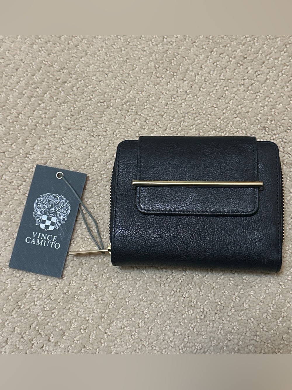 Vince Camuto Black Leather Compact Wallet with Gold Bar Detail